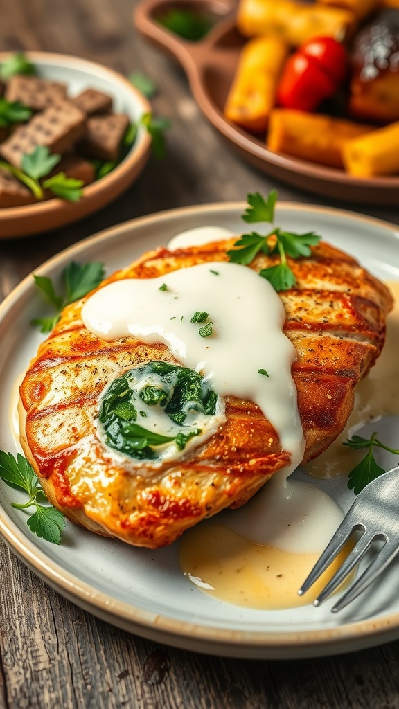 Stuffed chicken breast with spinach and cheese, topped with creamy sauce and garnished with parsley, served with roasted vegetables.